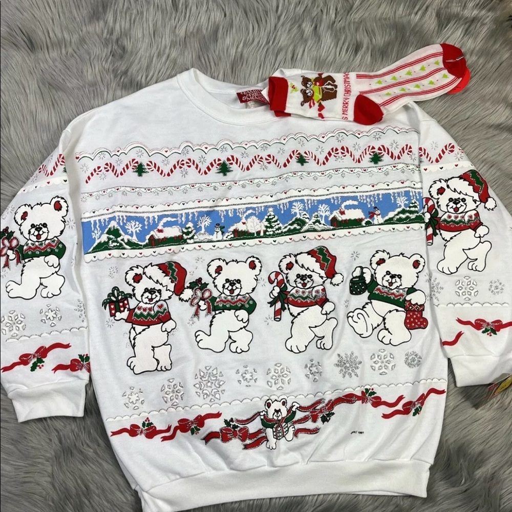 Vintage 1991 White Glitter Ugly Xmas Bear Sweater